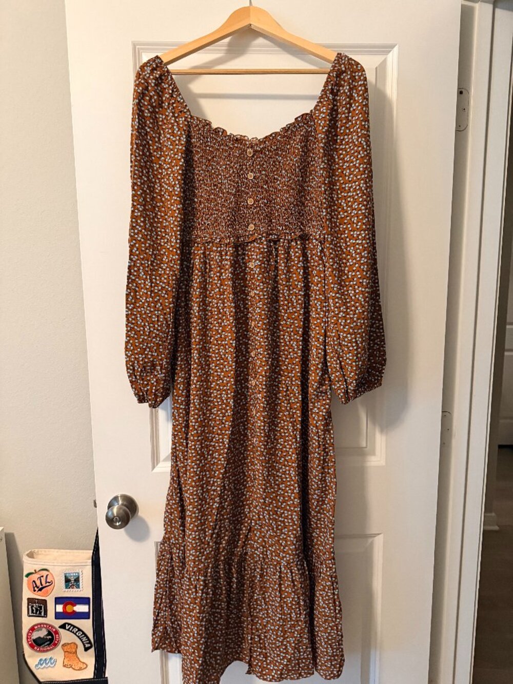 Boho Brown Floral Smocked Empire Waist Long Bubble Sleeve Maxi Dress Size L